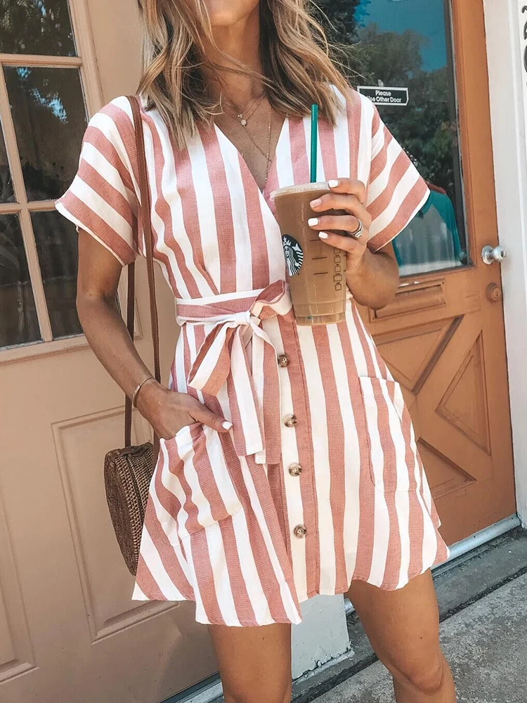 

Casual Striped Bandage Shirt Dress Women 2019 Short Sleeve Single Breasted Mini Vestidos V-Neck Pockets Dresses Robe Femme