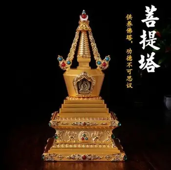 

Tibetan Buddhist Crystal Stupa Buddha Tower Alloy Gilt Inlay gem Bodhi 7"