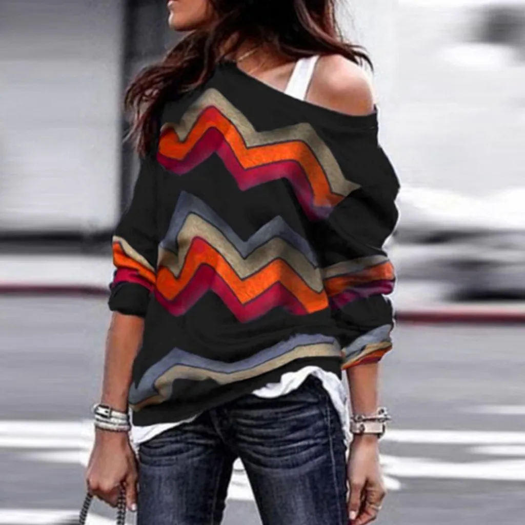 

2018 Fashion Women T Shirt Long Sleeve Geometric Print Ladies Tee Shirt Sweatshirt Casual One Shoulder Loose Pullover Tee Tops