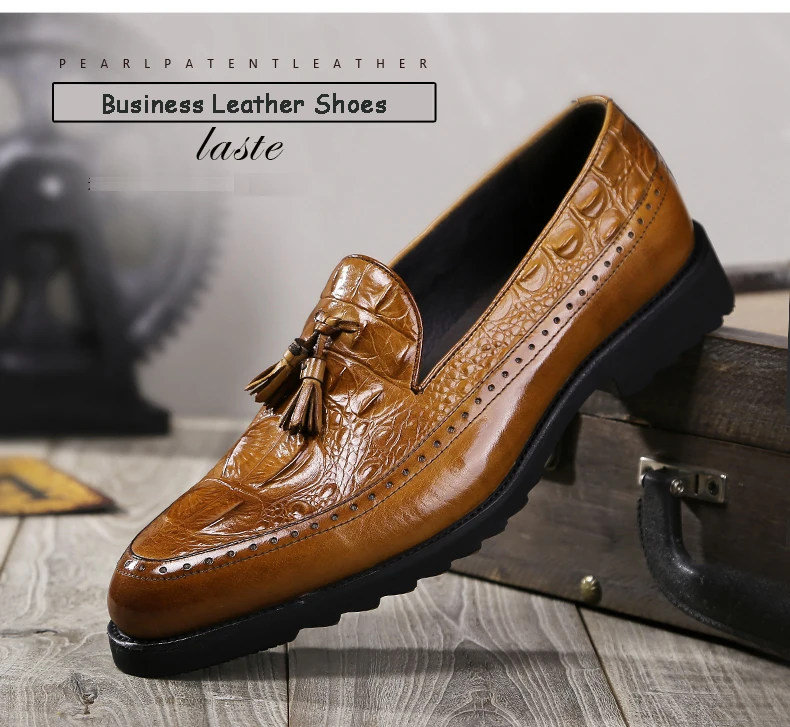 Men's Casual Wedding Dress Shoes Crocodile Leather Brogue Shoes Men Tassels Oxfords Shoes Slip-on Leather Penny Loafers Shoes (1)