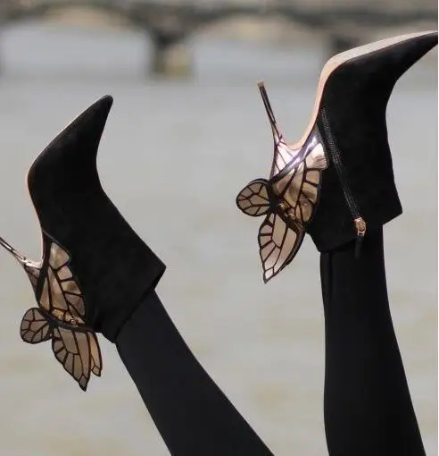 Ботильоны с 3d-бабочкой и крыльями ангела; пикантные ботинки на высоком каблуке с острым носком, расшитые блестками; женские замшевые ботинки на шпильке