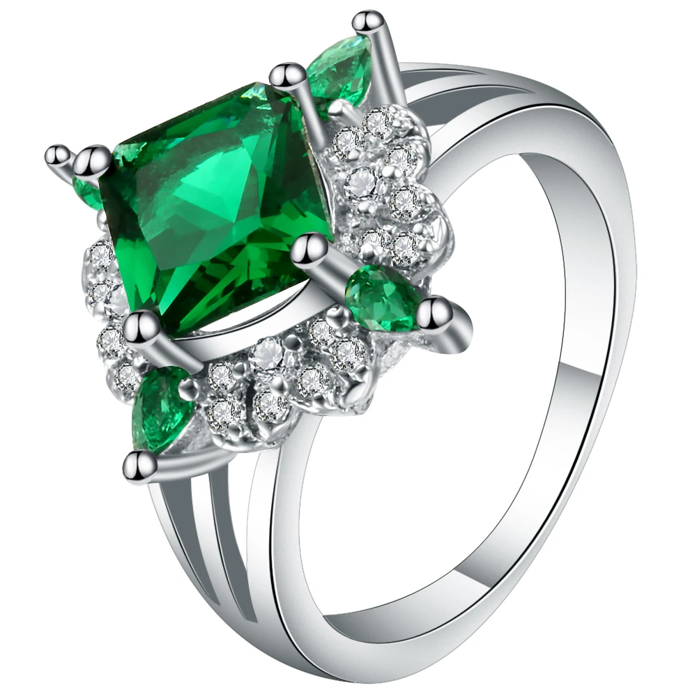 Bright Green Cubic Zirconia Ladies Flower Ring Online White Gold Filled
