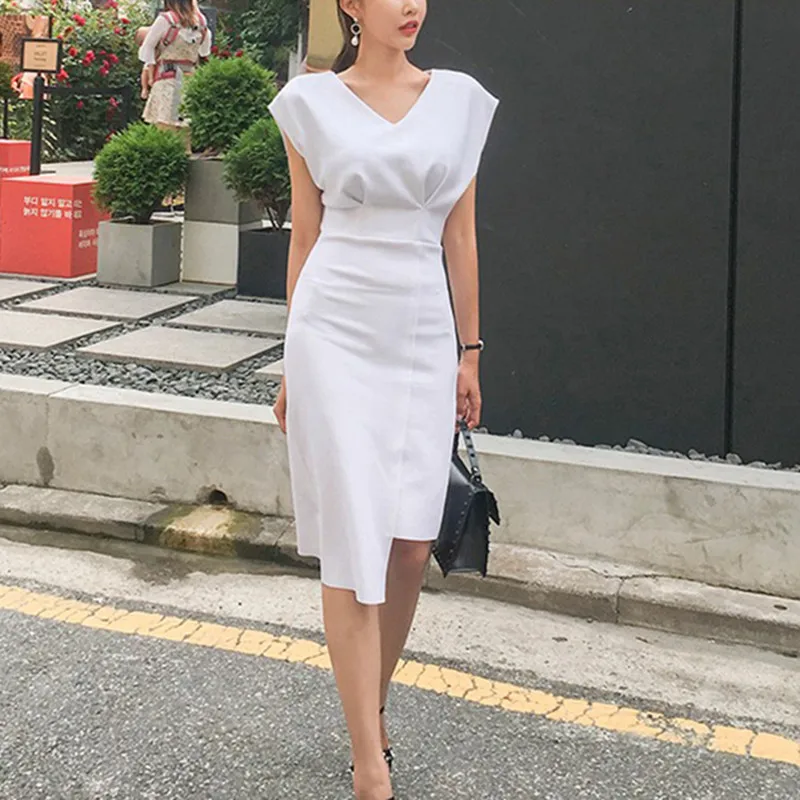 Летнее женское элегантное облегающее платье-футляр с v-образным вырезом и рукавом летучая мышь, платье для выпускного вечера, вечерние платья для офисных леди, платья для работы - Цвет: Белый