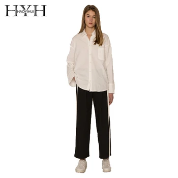 

HYH HAOYIHUI Brand 2018 Women Black Patchwork Stripe Ankle-Length Pants Wide Leg Elastic Waist Female Casual Trousers Lady