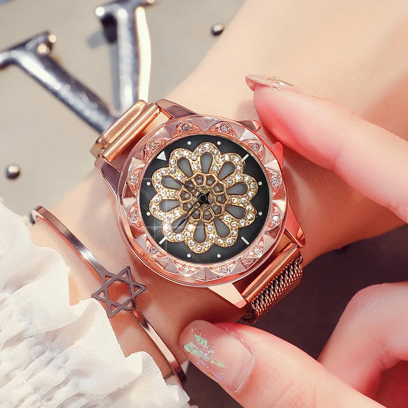 

Top Brand Luxury Women Rose Gold Wrist Watches Diamond Magnetic Buckle Mesh Rotated Quartz Watch Ladies Wristwatches Clock