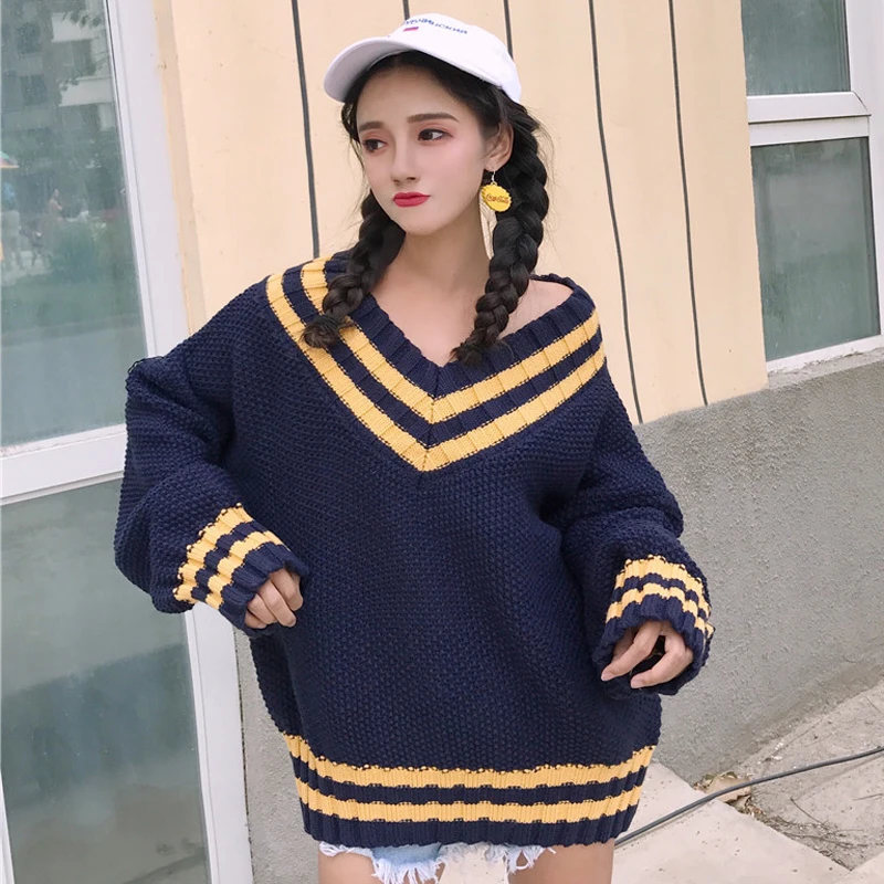 

Autumn Korean women loose stripe V neck coarse needle sleeve head long sleeved sweater jacket 2017 new students