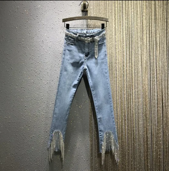 

2019 Spring and Summer Women's New Slimming High Waist Fringed Diamond Jeans Female Skinny Denim Trousers Stretch Pants