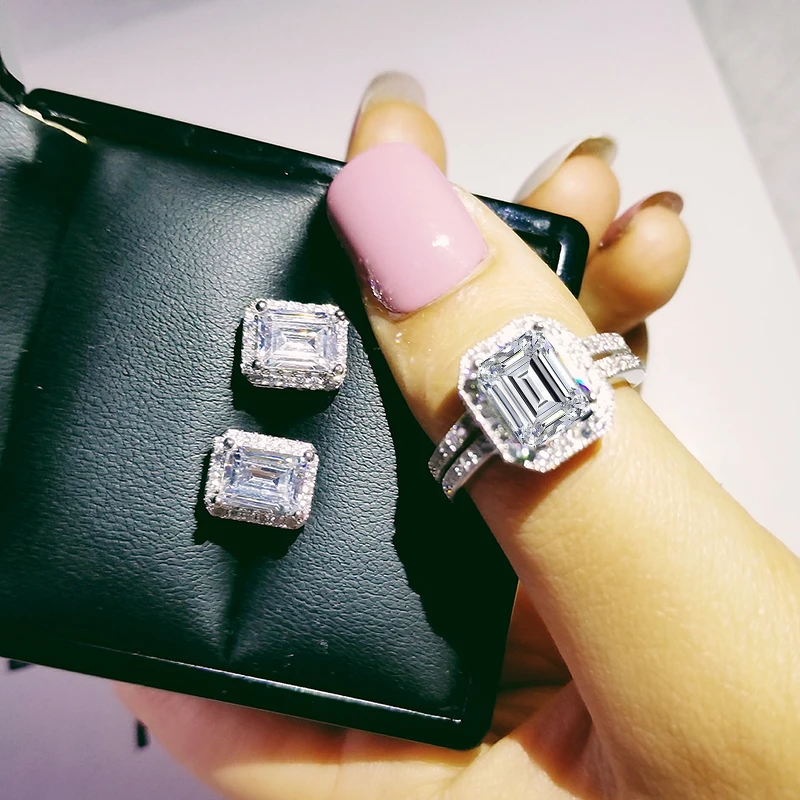 

925 Sterling Silver Jewelry set halo Engagement ring round stud earring for Wedding christmas Valentine's Day gift party J4925