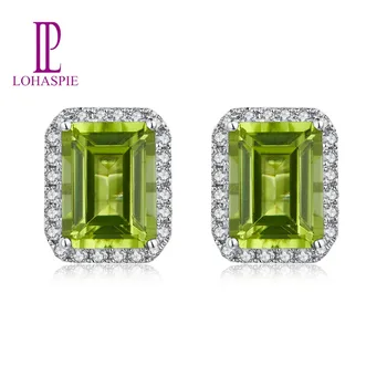 

Lohaspie Classic Stud Earrings 14K White Real Gold Natural GemStone Green Peridot Diamond Fine Jewelry For Women's Best Gift