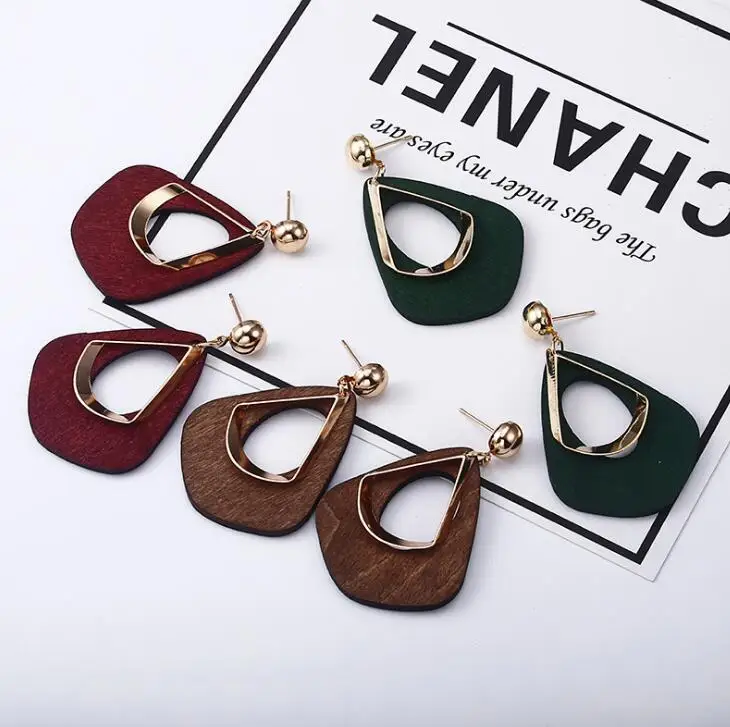 

2019 Fashion Statement Earrings Wooden Hollow Earrings for Women Water Drop Party Wedding Wholesale Jewelry Red Black Brown