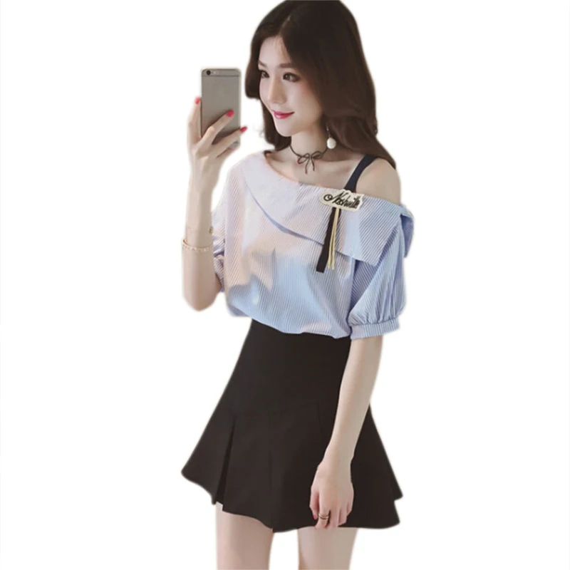 

New Women's Shirt Striped Blouse Elegant Lantern Sleeve Off Shoulder Female Blouse Sexy Summer 2018 Cotton Women Tops Blusas