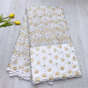 

2018 Latest French Nigerian Laces Fabrics Mesh Tulle African White And Gold Guipure French Lace Fabric With Stones And Beads
