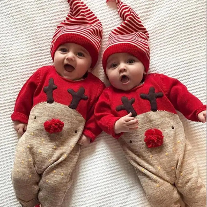 

Cute Baby Boy Girl Clothes Deer Christmas Rompers 2019 Fashion Long Sleeve 3D Cartoon Splicing Color Playsuit+Hat Outfit 0-18M