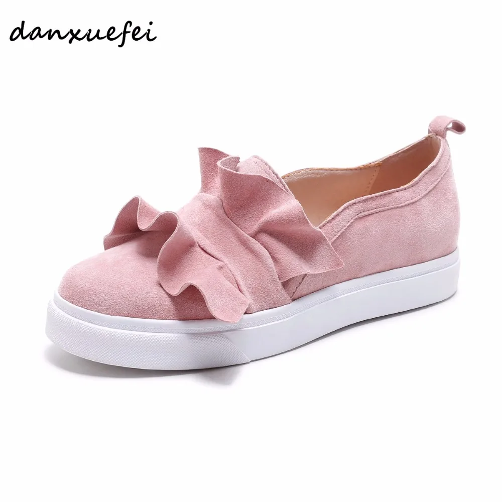 

Women's genuine suede leather Flounced slip-on flats loafers brand designer leisure espadrilles comfortable moccasins shoes sale