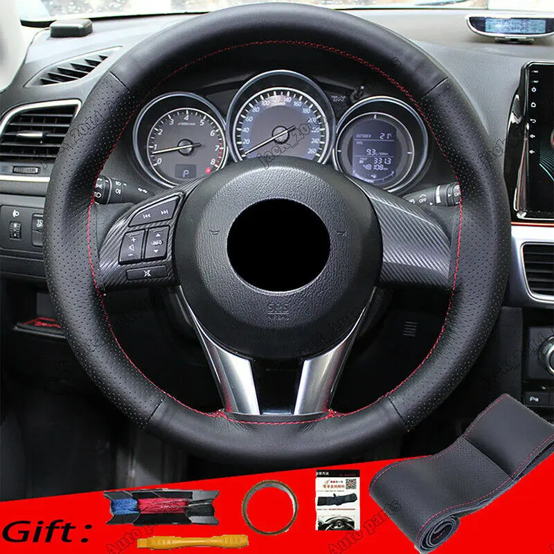 Needles and Thread Black+Red DIY Leather Steering Wheel Cover 38cm Fit for Mazda