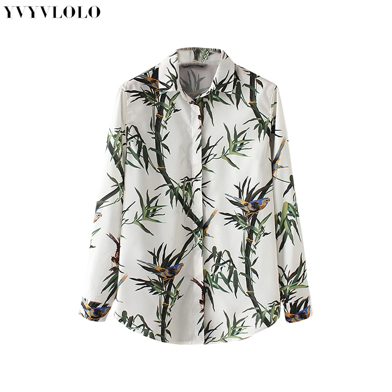 

YVYVLOLO Bird bamboo leaf printing Women Tops And Blouse Long Sleeve Women Shirts 2018 Turn-down Collar Women Blouse