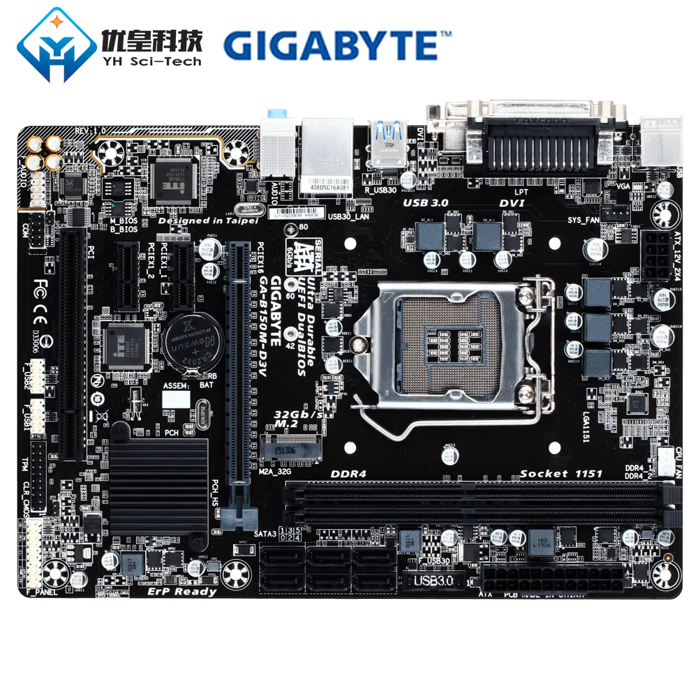 

Original Used Desktop Motherboard Gigabyte GA-B150M-D3V B150 LGA 1151 Core i7 i5 i3 DDR4 32G SATA3 USB3.0 DVI VGA M.2 Micro-ATX