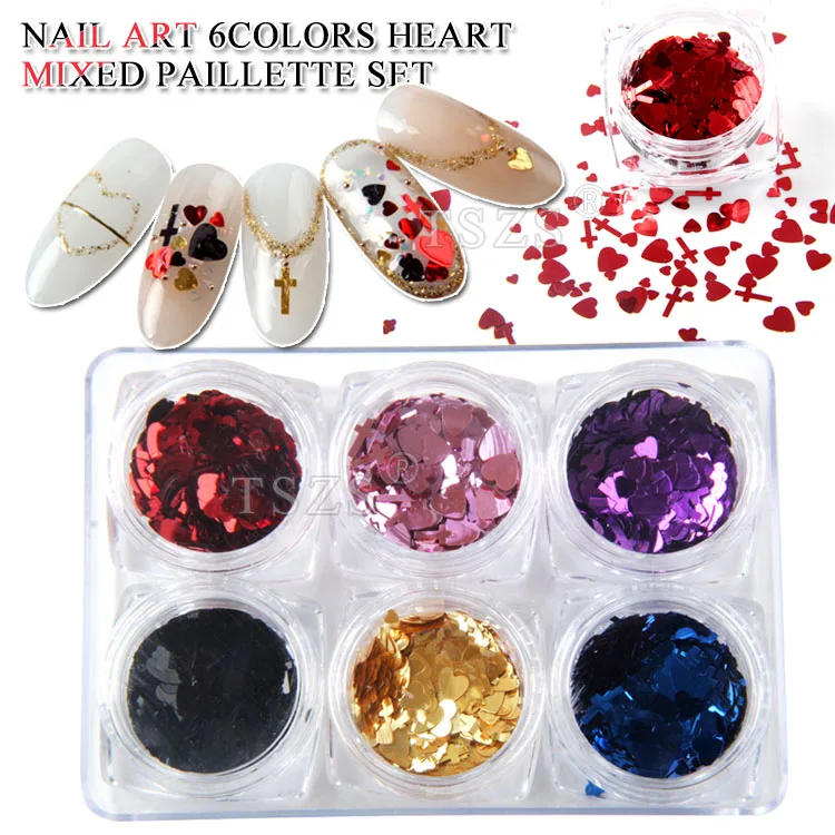 

1set/lot Valentines Nail Art Holographic RED Heart Cross Shape Mixed Star Spangles Glitter 3D Decoration