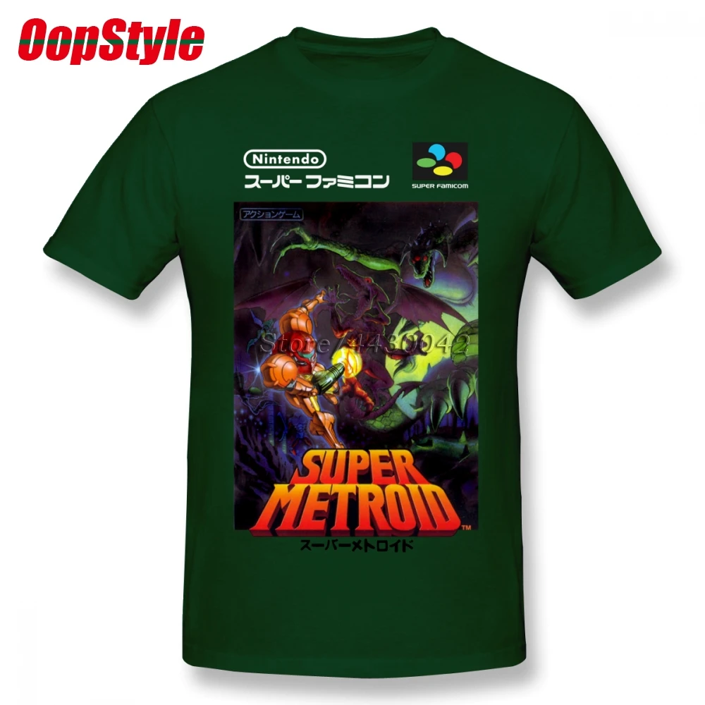 Супер Metroid nintendo Super Famicom японская коробка искусство рубашка SNES Футболка мужская Homme Пользовательские Короткий рукав плюс размер Мужская футболка - Цвет: Forest Green