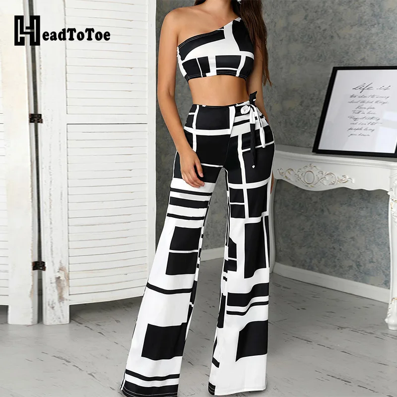 

Colorblock One Shoulder Cropped Wide Pants Set