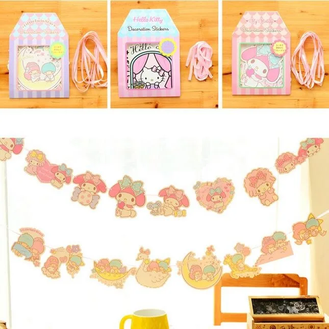 

1set/lot Japan Twin Star Kit Cat Melody series Badge accessories Card with rope Party flags set Decoration gift