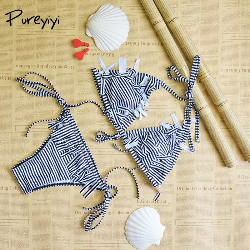 Комплект бикини Pureyiyi в цветную полоску новинка 2018 купальник на бретельках