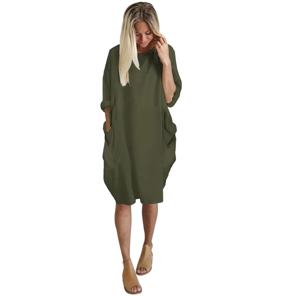 

Ladies Crew Neck Casual Long Girl Tops Dress Female Fashion Big Vestido Autumn Womens Dresses Pocket Loose Dress