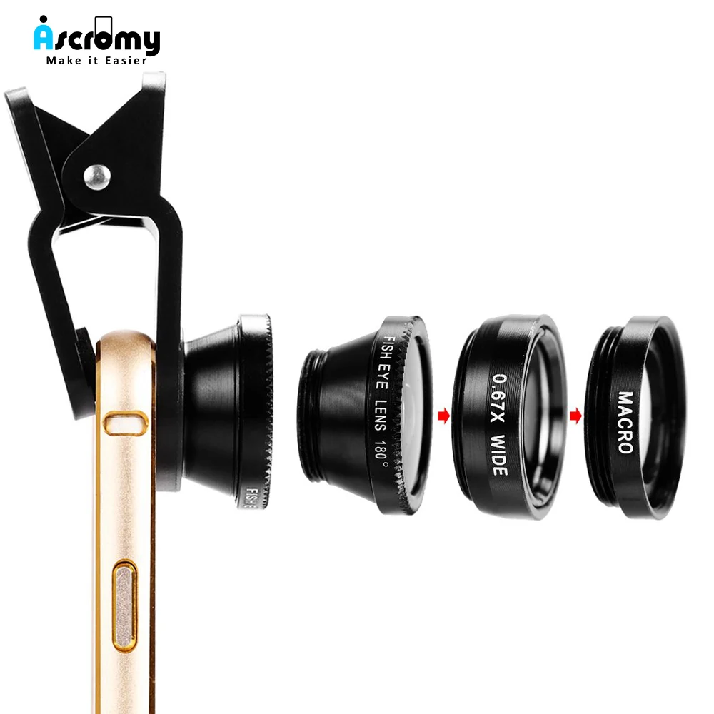 

Ascromy 3in1 Wide Angle Macro Phone Camera lentes Fisheye Smartphone Lens Kits For iPhone 7 XR Fish Eye Lentes lens on the phone