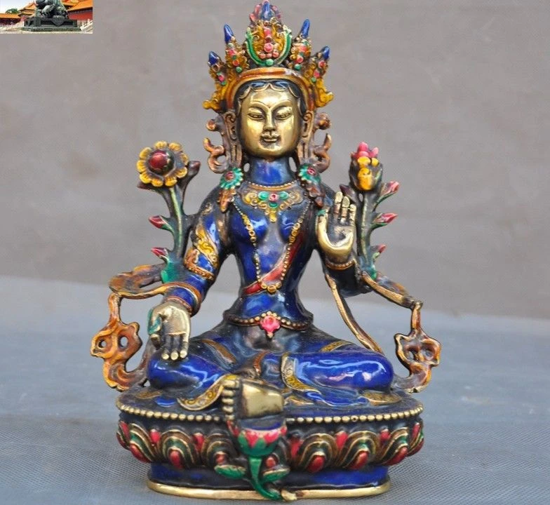 8 &quotтибетские бронзовые Перегородчатые Позолоченные Зеленые Tara Kwan Yin статуя
