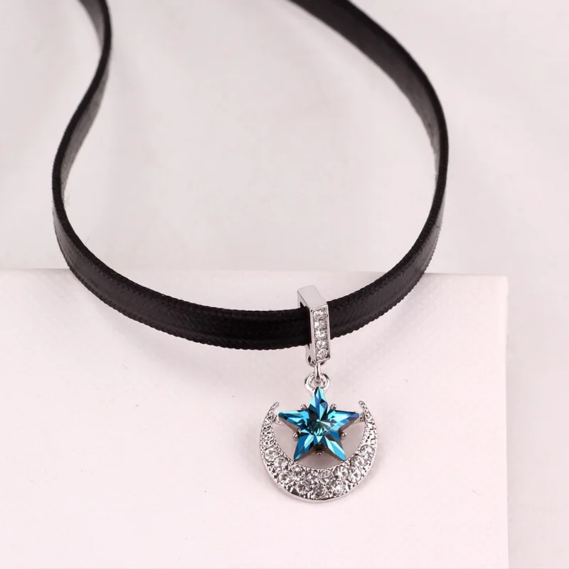 Austrian Crystal Moon and Star Crystal Pendant Short Necklace for Women Rhinestone Black Leather Choker Necklace Charming Gifts - Image 2