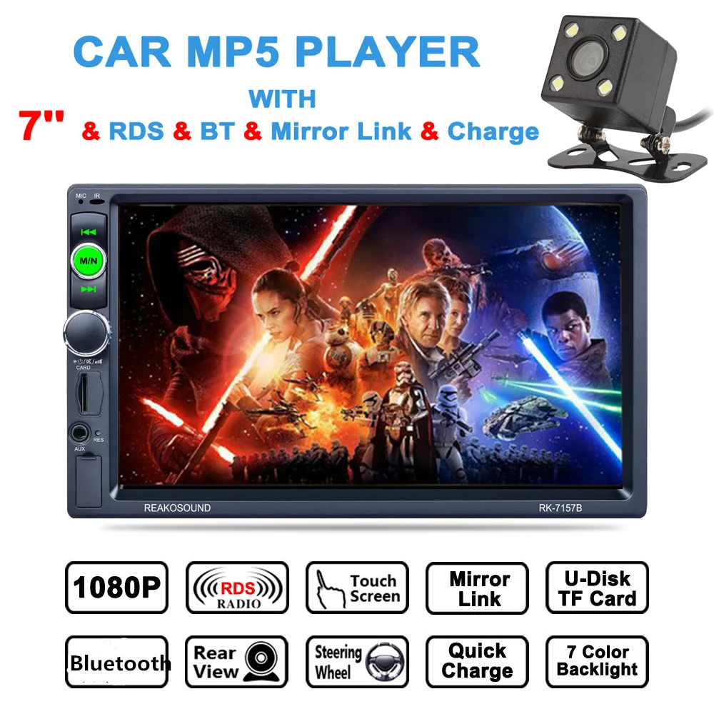 

7 Inch 2 DIN Bluetooth Auto Car Stereo Video Player HD Touch Screen AM FM RDS Radio Suppor USB Mirror Link Aux In + Rear Camera