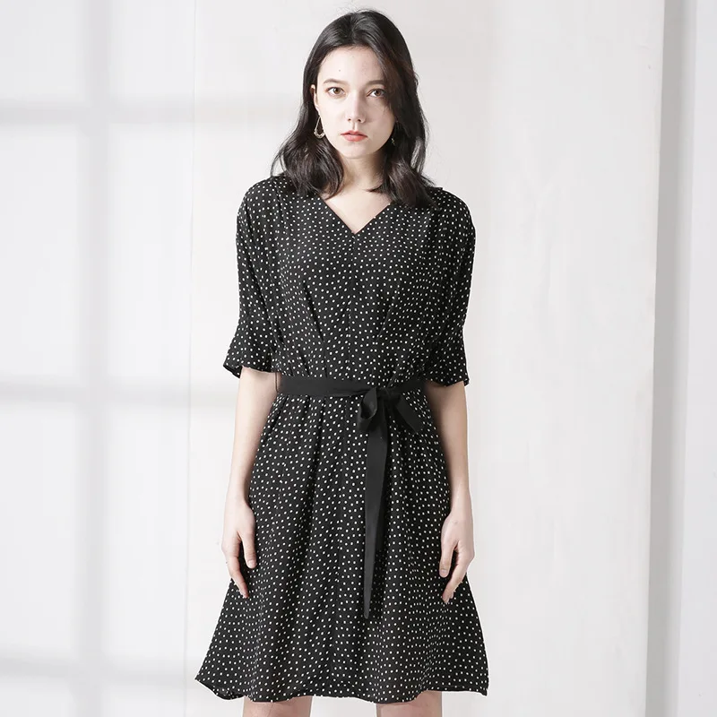 Elegant Dress For Women 100% Silk V Neck Dot Print Summer Dresses Female Casual A Line Loose Batwing Sleeve Lace Up Vestidos