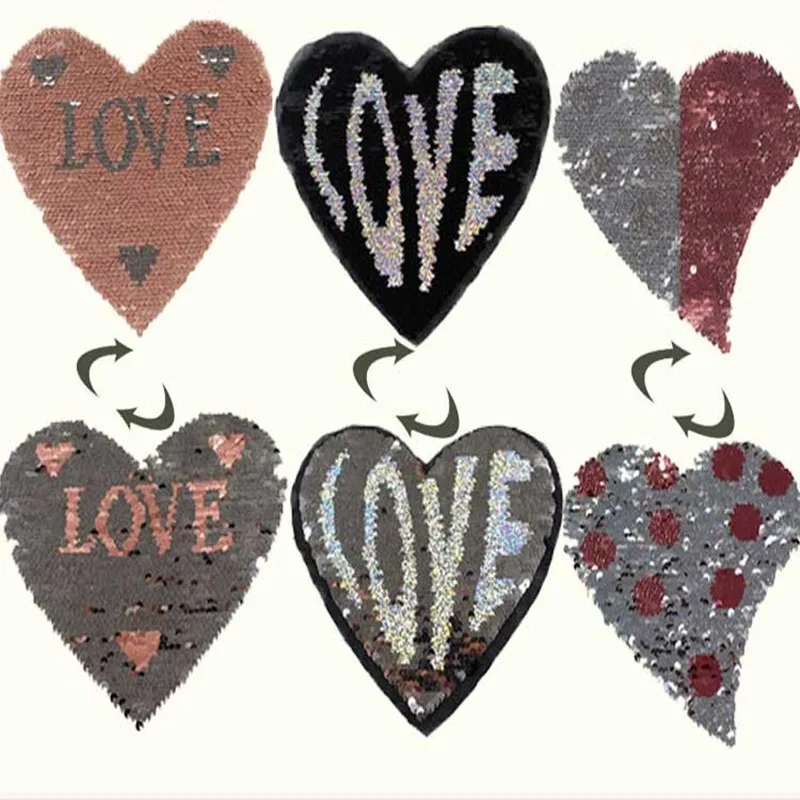 

Embroidery patch up and down filp piece double sided sequins 22cm silver heart HAPPY star patches for clothes free shipping
