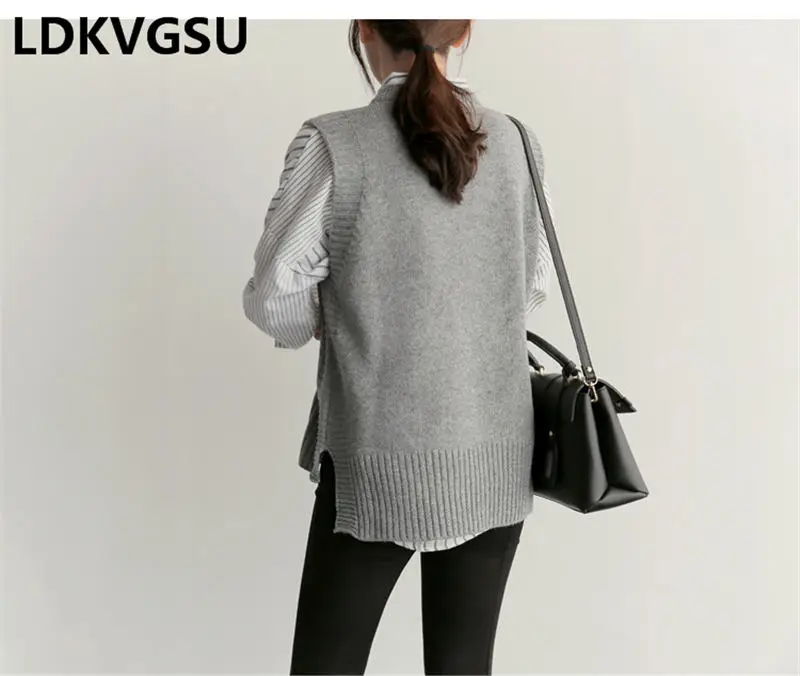 Корейский большой размер свободный свитер жилет женский круглый вырез сплошной цвет без рукавов короткий вязаный свитер весна осень Is1660