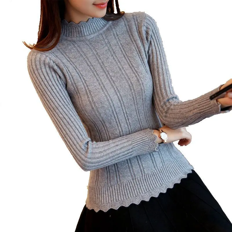 

OHCLOTHIN 2017 new half Korean women knitted sweater slim petal collar shirt Elastic Bottoming Turtleneck Twist F1356 Pullover