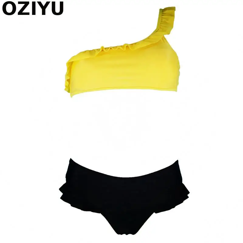 

4 colors Chic New One shoulder Ruffles Swimwear Womens Push up Bikini Set Bathing Swimsuit Maillet de bain Biquini school Girls