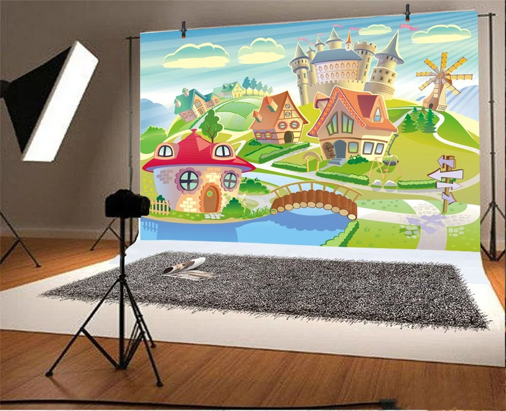 Laeacco Baby Party Cartoon Village Castle River Field Photography Backgrounds Customized Photographic Backdrops For Photo Studio
