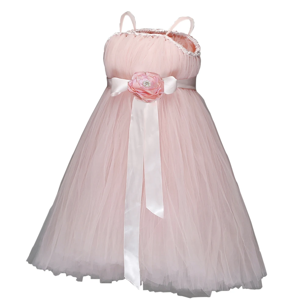 

Pink Princess Dress Girls Wedding Junior Bridesmaid Party Dress Flower Girl Sleeveless Solid Tutu Dress Robe with Flower Sashes