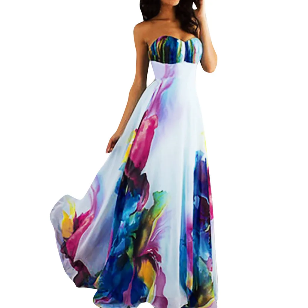 

Women Printing Chiffon Elegant Tube Top Maxi Dress Women Vintage Print Sleeveless Sexy Strapless Floor-Length Dress Q0321