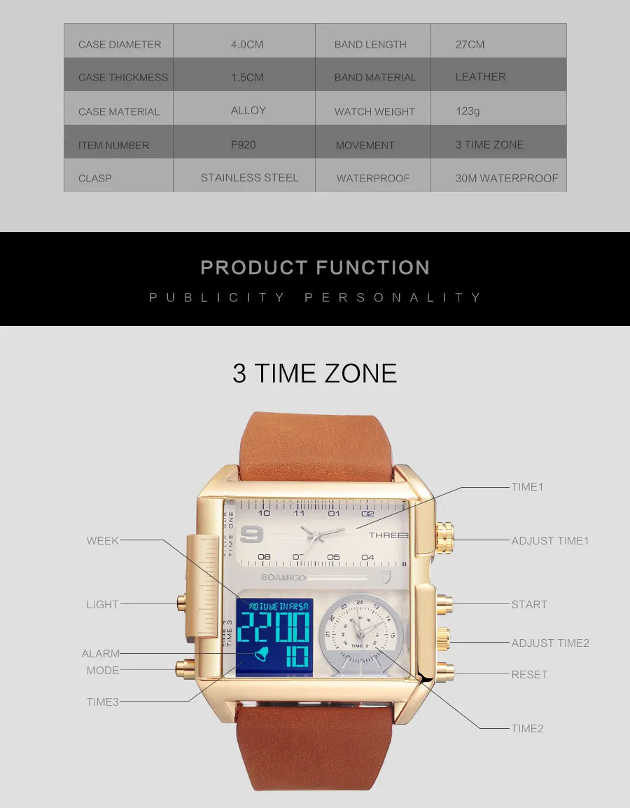 Mens Watches Top Brand Luxury BOAMIGO Wrist Watches for Men Sport Leather Band Military Chronograph Digital Watch Rectangle Case (25)