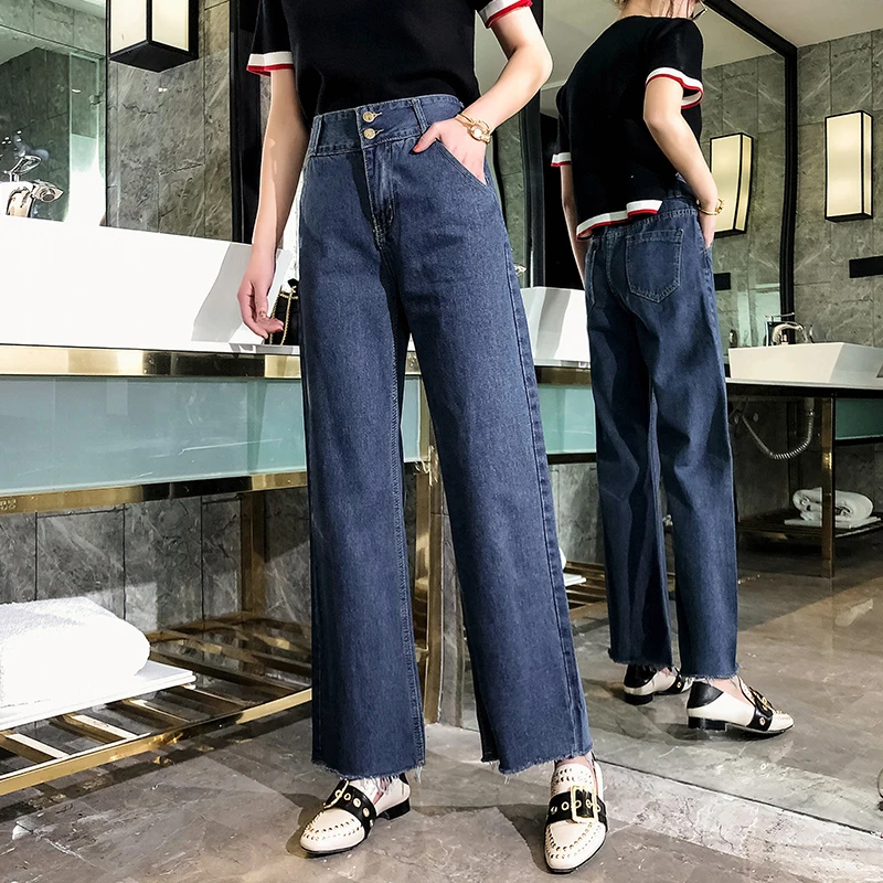

2019 Spring And Summer Women's Jeans High Waist Straight Loose Wide Leg Jeans Casual Street Style Large Size Long Jeans LQ536