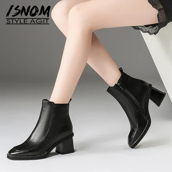 

ISNOM Cow Leather Women Ankle Boots Square Toe Cross Tied Footwear High Heel Motorcycle Female Boot Platform Shoes Woman Winter