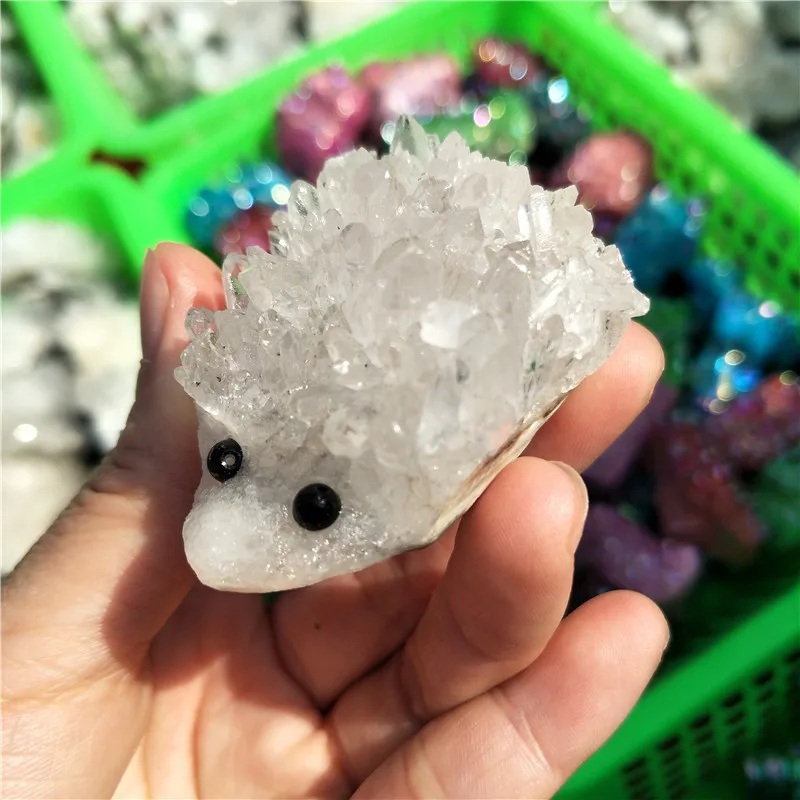 

natural clear crystal hedgehog in stone cluster hedgehog reiki healing gemstone handmade carved decoration crystal animal