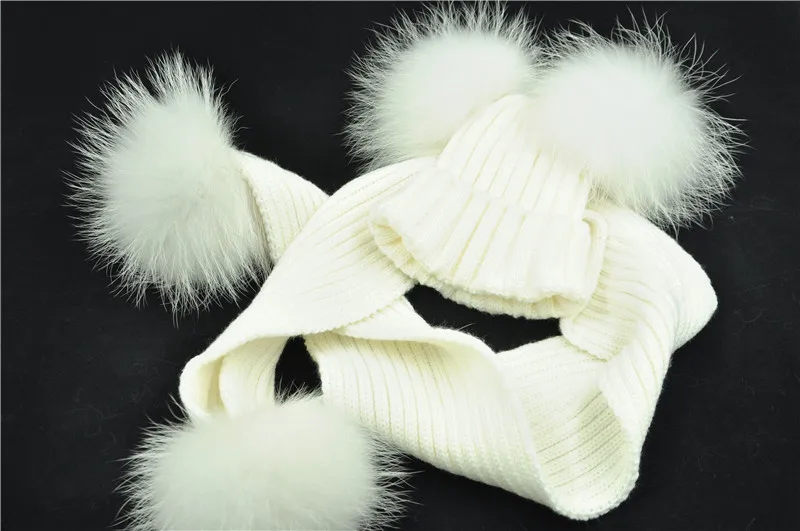 Зимний шарф из натурального меха и шапка, набор для детей, большие шары шляпы из натурального меха енота, двойные Меховые помпоны, шапочки, Детский Теплый шарф для девочек, шапка