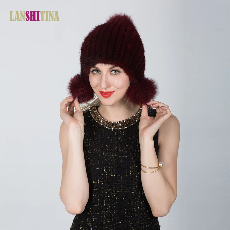 

2018 New Arrivals Winter Women Mink Fur Cap Knitted Thickness Fox Fur Ball Cute Protect Ear Cap Warm Lady Hat Beanies Headgear