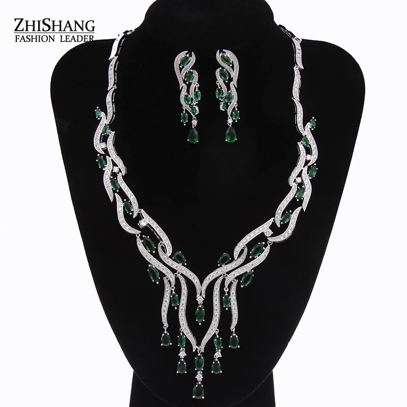 

2016 White Gold Color Crystal Cubic Zircon Jewelry Sets Including Necklace & Earrings Green Afrian Wedding Jewelry Set WS035