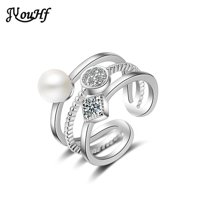 

JYouHF Generous White/Rose Gold Color Ladies Pearl Rings Paved Micro Cubic Zirconia Crystal Finger Rings for Women Party Jewelry