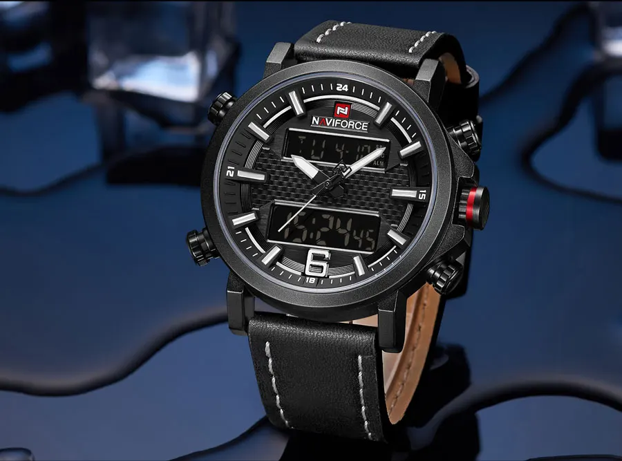 NAVIFORCE 2018 модные Для мужчин часы двойной Дисплей часы в стиле милитари кожаный ремешок цифровые часы Для мужчин Стиль 30 м Водонепроницаемый