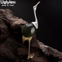 Броши для женщин из натурального 925 пробы серебра с натуральным зеленым нефритом и фламинго, ручная работа, булавки для кранов, двойное использование, подвески, ювелирное изделие