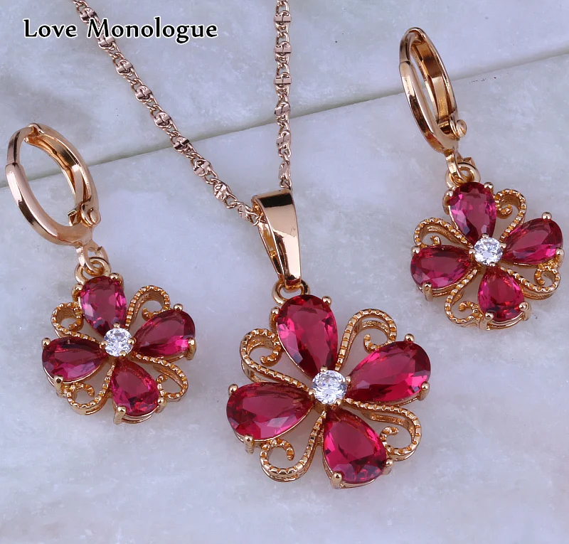 

Love Monologue Luscious Red Crystal Cubic Zirconia Flower Yellow Gold Color Necklace/Pendant/Hoop Earrings Jewelry Sets X0174